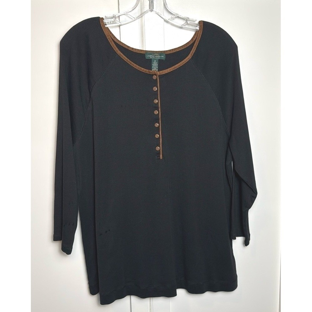 Lauren Ralph Lauren Jeans Co. Long Sleeve Henley Top Brown‎ Trim Casual Basic